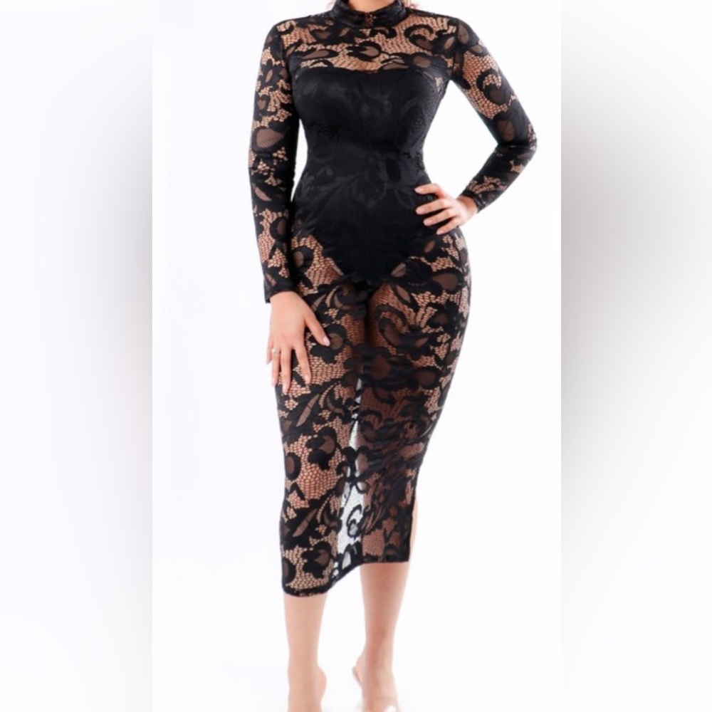 Black lace 2 piece midi dress